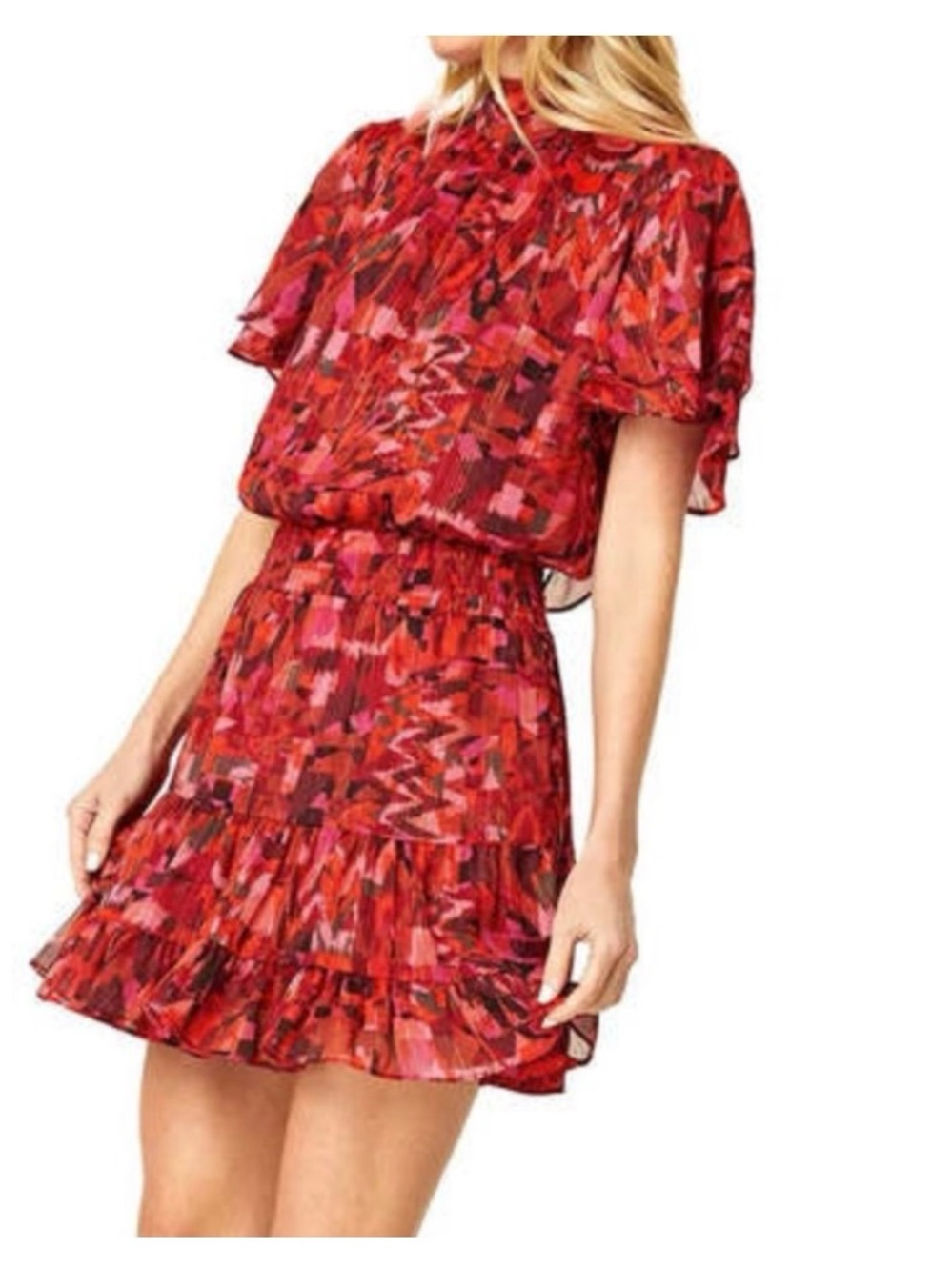 Misa Los Angeles Red & Pink Printed Flutter-Sleeve Mini Dress Medium